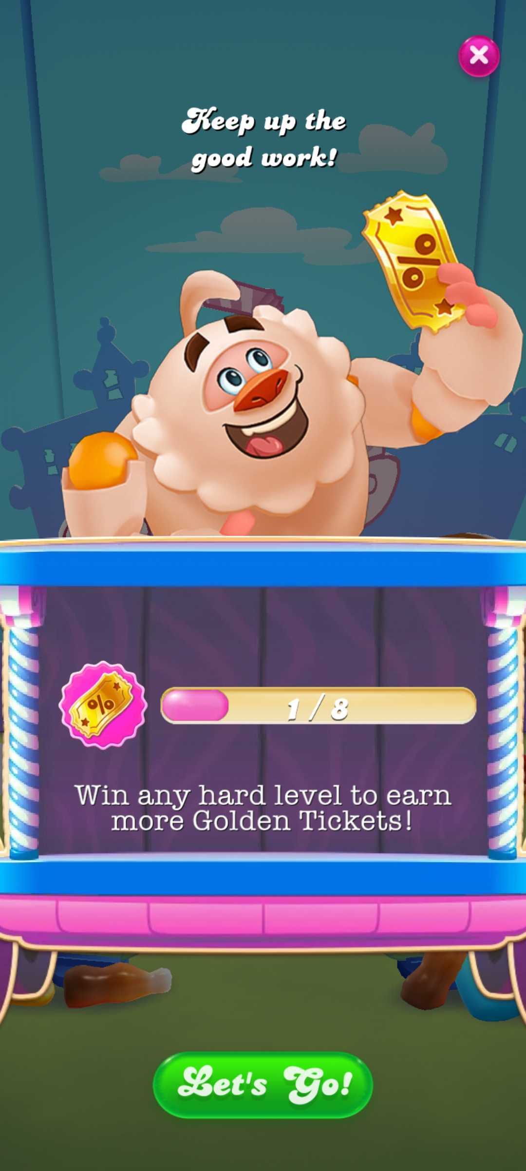 Yeti holding a Golden ticket in their hand with a text that says Keep up the good work! There's a progress bar showing the player has got 1 out of 8 tickets. Underneath, it reads: Win any hard level to earn more Golden Tickets! And at the bottom, there's a green button saying "Let's Go!"