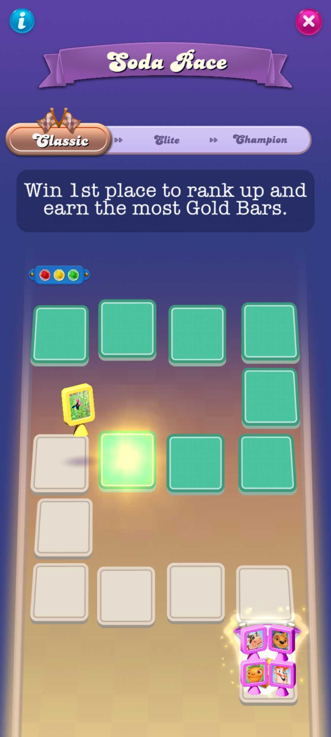 The Classic tier of the Soda Race. The completed levels appear like in a classical game board so you can see how many you need to pass to end the race. On the top of the screen you can see that you're competing in the Classic tier, and that there are an Elite and a Champion tier