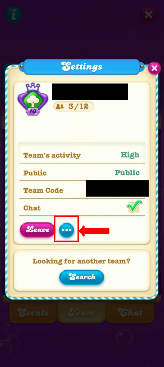 Settings screen of the Teams' feature, stating the team's activity level, if it's public or private, the team code and if the chat is enabled. Underneath, there's the Leave button in pink and next to it, a blue circle with 3 white dots. Players need to click there
