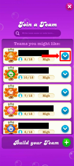 The Join a Team screen. The team names are listed, including the name, the amount of players in the team and the activity level (high or low). Next to the name, there's a blue button with a white arrow