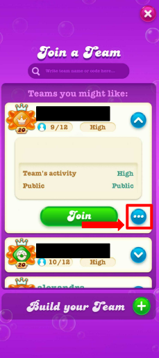 The screen with the team's profile. There you can see the team's activity level, the different players in the team, and more. Next to a green Join button, you can find the blue circle with 3 dots