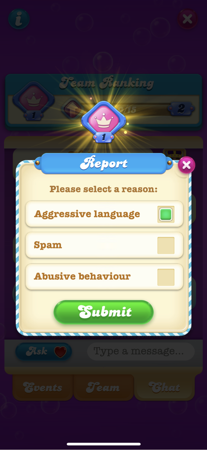 CCSS report pop-up prompts the user to 'Please select a reason:' with options for 'Aggressive language', 'Spam', and 'Abusive behaviour'. A green 'Submit' button is below the options, and navigation tabs for 'Events', 'Team', and 'Chat' are seen at the bottom.