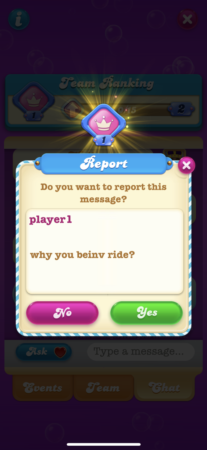 The CCSS report confirmation screen with a 'Team Ranking' header. A dialog box asks 'Do you want to report this message?' above a message from 'player1'. Two options, 'No' in pink and 'Yes' in green, are available for selection, with 'Events', 'Team', and 'Chat' navigation tabs below.