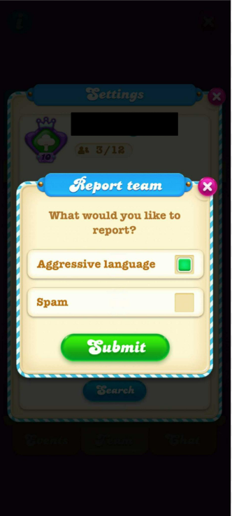 Um pop-up intitulado Denunciar equipe. Ele pergunta: O que você gostaria de denunciar?. Os jogadores podem escolher entre Linguagem agressiva e Spam. Abaixo, um botão verde diz "Enviar"