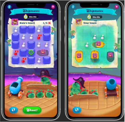 Shipmates στο Candy Crush Soda Saga. Μία οθόνη δείχνει τον πίνακα του αντιπάλου σας, η άλλη οθόνη δείχνει τον πίνακά σας με τα πλοία των φίλων σας τοποθετημένα από εσάς
