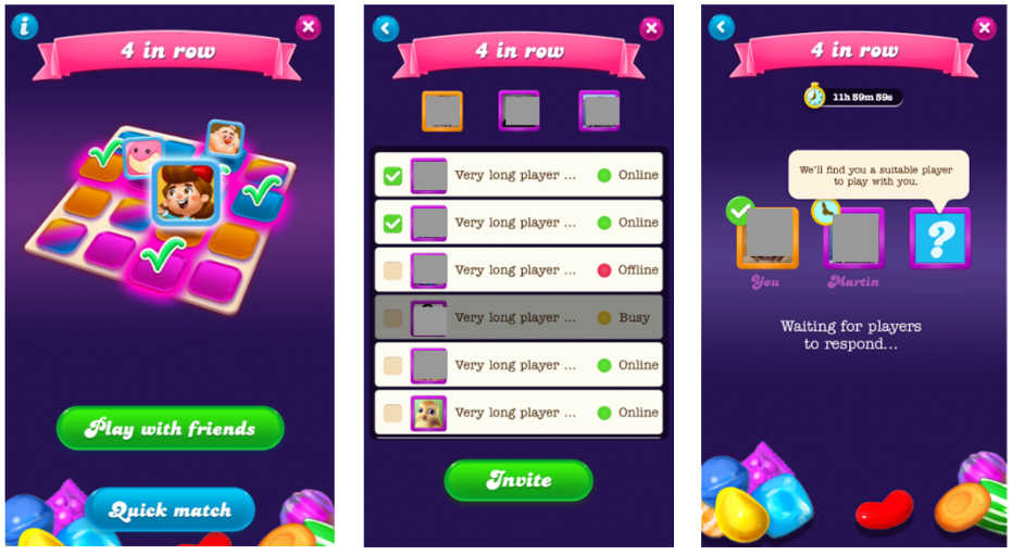 ฟีเจอร์ '4 in row' รายชื่อเพื่อนสำหรับเชิญเล่นเกม และหน้าจอจับคู่ผู้เล่นพร้อมการนับถอยหลัง แสดงการค้นหาผู้เล่นเพื่อเข้าร่วมเกม