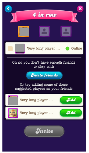 Ecranul jocului Candy Crush Soda Saga pentru o provocare '4 în linie' arătând un jucător cu prieteni insuficienți online, sugerând să 'Invitați prieteni' sau să adăugați jucători sugerați, cu butoane 'Adaugă' lângă avatarele lor