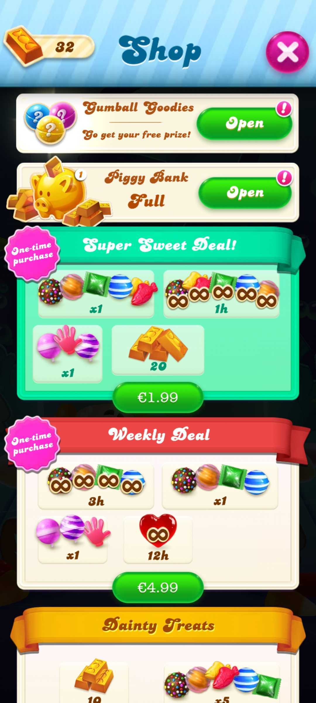 Butiken i Candy Crush Soda Saga. Högst upp finns Tuggummigodsaker-kortet och en grön knapp som lyder "Öppna"