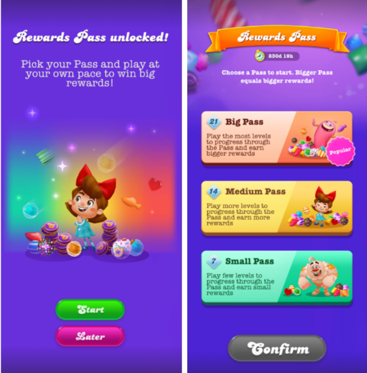 Candy Crush Soda Saga ekranı, 'Ödül Bileti açıldı!' duyurusunu yapıyor ve Kimmy ile canlı simgelerle gösterilen bir oyun bileti seçeneği ve 'Başla' düğmesi sunuyor. Sonraki ekran, her biri belirli ödüller ve karakterlerle birlikte üç bilet seviyesi—Büyük, Orta ve Küçük—gösteriyor ve bir 'Onayla' düğmesi eşlik ediyor.