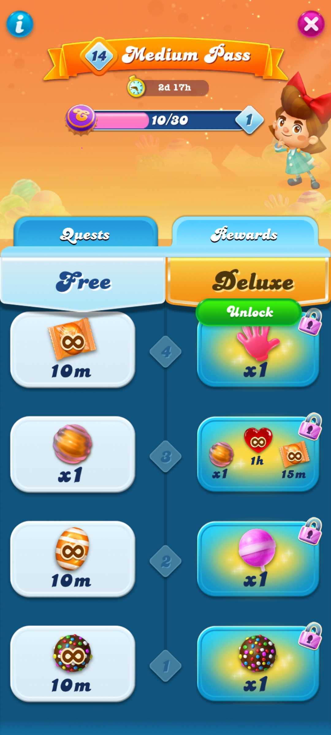 Candy Crush Soda Saga'daki 'Orta Bilet' ekranı, bir ilerleme çubuğu, ödül kilometre taşları ve 2 gün 17 saatten geri sayan bir zamanlayıcı gösteriyor. Görevler ve lüks ödüller gösteriliyor, oyun içi güçlendiriciler içeren bir 'Ücretsiz' bölümü ve kilitli olan, açılmayı bekleyen bir 'Lüks' bölümü içeriyor.