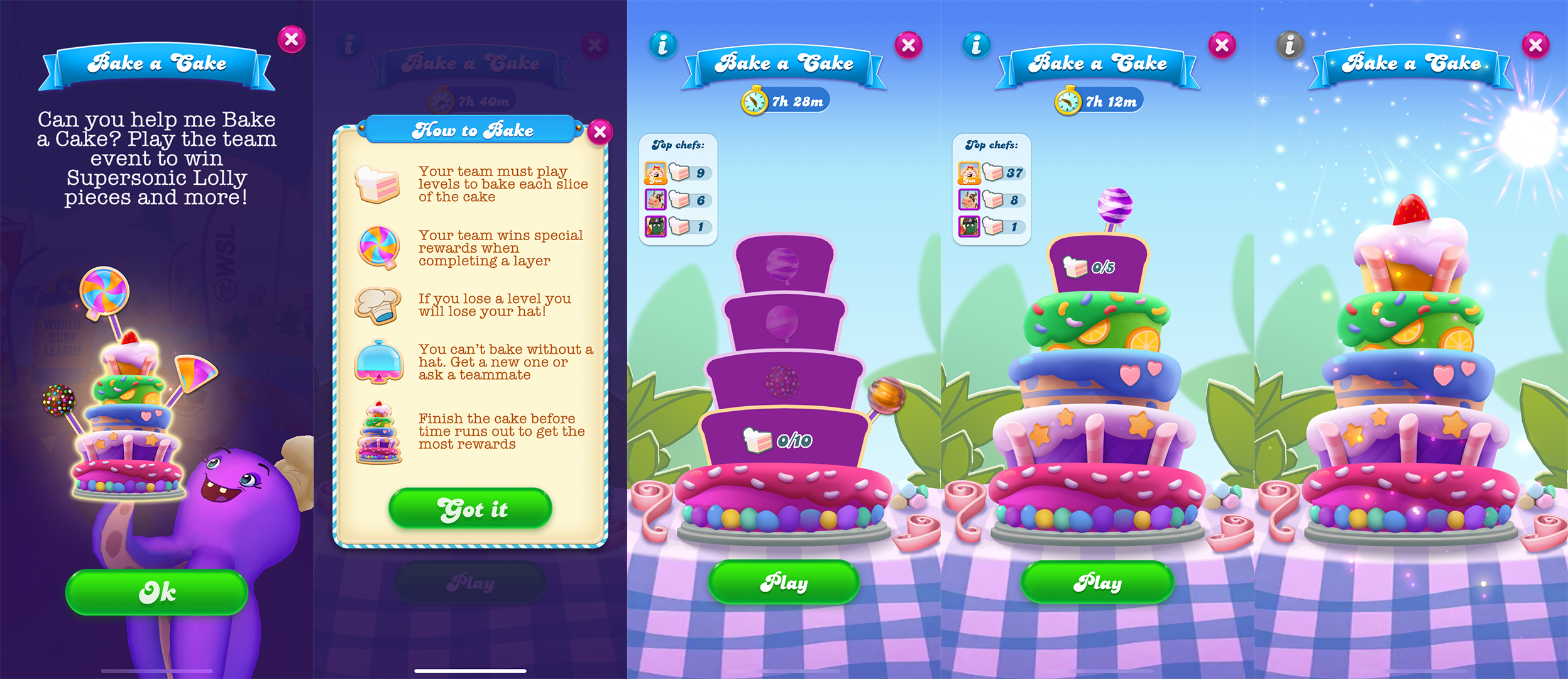 Die ersten 2 Bildschirme zeigen, wie die Spieler bei Backe eine Torte willkommen geheißen werden und die Spielregeln. Die folgenden 3 Screenshots zeigen die verschiedenen Zustände der Torte: zu Beginn des Events; wenn einige Schichten gebacken und mit buntem Zuckerguss verziert sind, und wenn die Torte fertig ist, mit einem roten Bonbon darauf