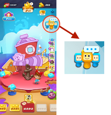 Главный экран Candy Crush Soda Saga. В правом верхнем углу находится иконка Социального Центра, три улыбающиеся фигуры с речевым пузырем