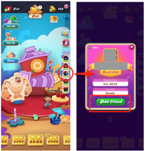 Écran principal de Candy Crush Soda Saga avec la Course à l'épisode à droite. Une flèche pointe vers une deuxième capture d'écran pour montrer que le profil du joueur s'ouvre lorsque vous cliquez sur un coureur dans la Course à l'épisode. Depuis ce profil, vous pouvez les ajouter à votre liste d'amis