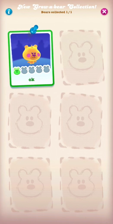 Pop-up in Candy Crush Soda Saga die de nieuwe Berengroei-verzamelingen toont. De speler heeft 1/1 beren verzameld en er is een afbeelding van de eerste beer op een muur geprikt. Er is ruimte voor 5 meer beren om te verzamelen