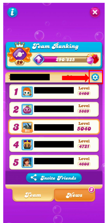Candy Crush Soda Saga'da Takımlar sekmesi. Üstte, takım sıralamasını gösteren bir kutucuk. Altında, takımın adı ve mavi dişli bulunan bir kutucuk. Altında, tüm takım üyelerinin adları ve seviyeleri
