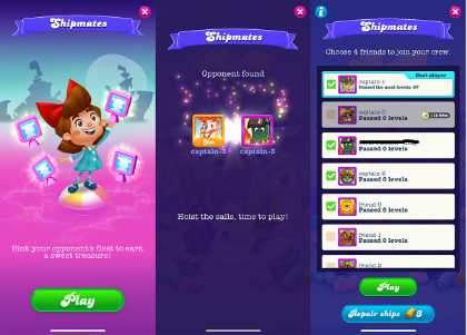 Candy Crush Soda Saga'da Gemidaşlar tanıtım ekranları. İlk ekran Kimmy'yi arkadaşları temsil eden çerçevelerle çevrili olarak gösteriyor. Metin: 'Rakibinizin gemisini batırarak tatlı bir hazine kazanın!' diyor. İkinci ekran, oynayacak bir rakip bulduğunda. Üçüncü ekran: Arkadaşlarınız arasından ekibinizi seçiyorsunuz. Altında bir Oyna butonu ve 3 Altın külçe karşılığında 'Gemileri Onar' butonu var.