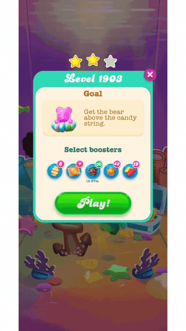 Bắt đầu cấp độ 1.903 trong Candy Crush Soda Saga. Thực hiện các nước đi bên trái giúp vượt qua cấp độ.