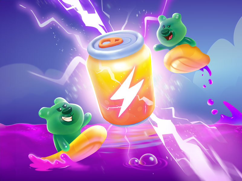 Turbo Tonic trong Candy Crush Soda Saga. Hai nhân vật gấu dẻo lướt trên các lát trái cây hướng về một lon soda màu cam phát sáng có biểu tượng tia sét, xung quanh là chất lỏng màu tím và những tia điện sáng.