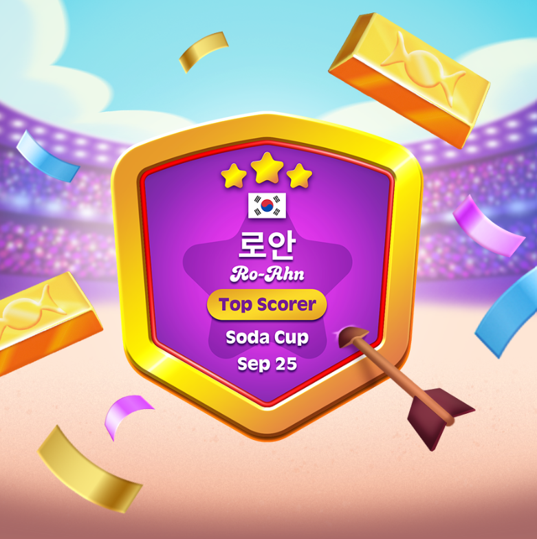 Candy Crush Soda Saga. Farbenfrohes Soda Cup‑Abzeichen mit der Aufschrift “Ro-Ahn – Topscorer, Soda Cup, Sep 25”