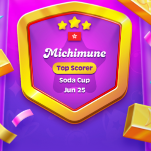Candy Crush Soda Saga. Farbenfrohes Soda Cup‑Abzeichen mit der Aufschrift “Michimune – Topscorer, Soda Cup, Jun 25” und dem Titel “Soda Cup Ruhmeshalle” darunter